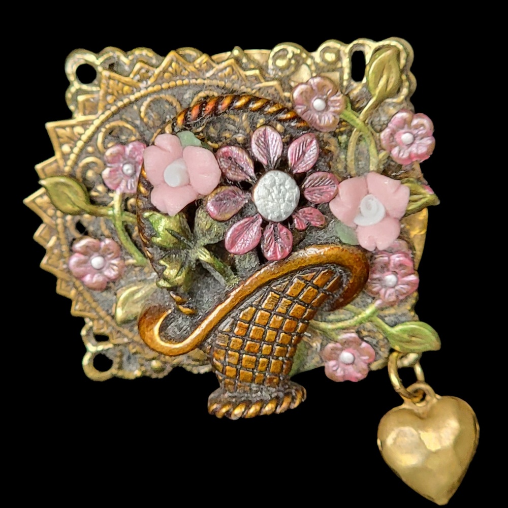 Vintage Montage 1998 Brass Floral Basket Pin Brooch